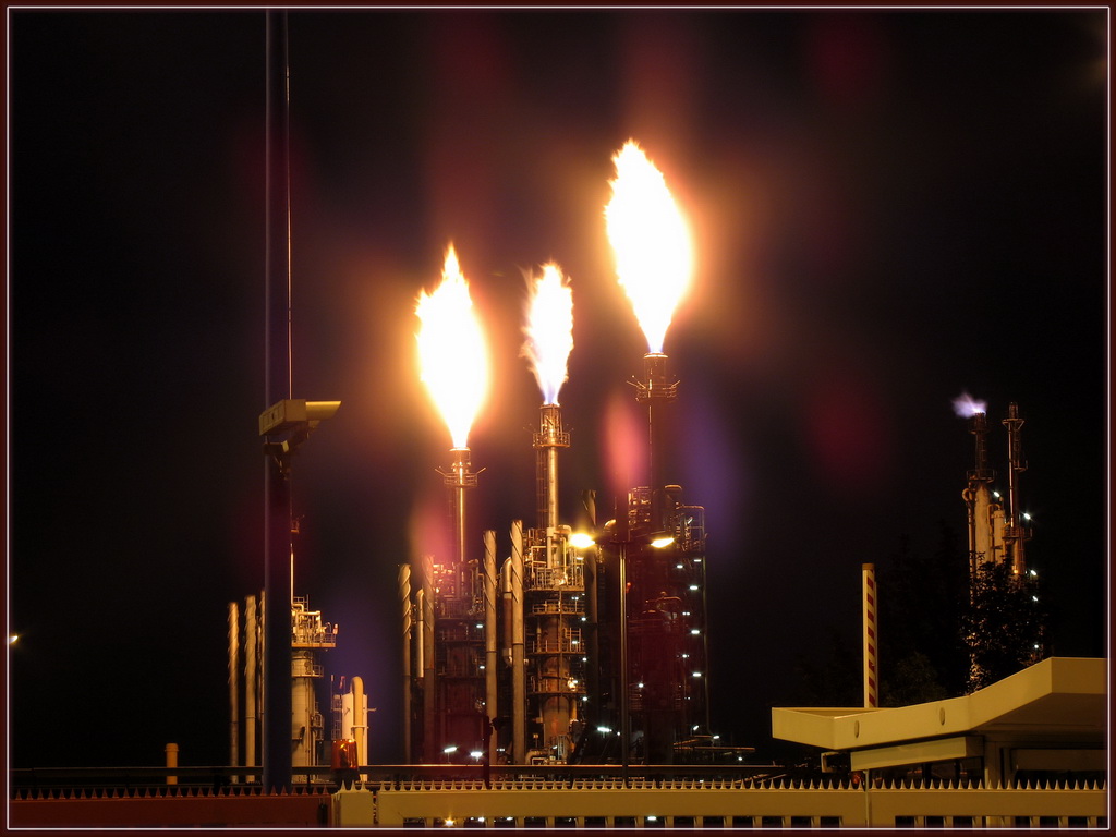 BASF chemical factory - gas flaring during the night